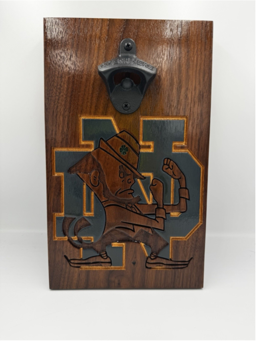 Notre Dame Fighting Irish Wall Mounted Bottle Opener Wood Bar Sign 13x8 NCAA